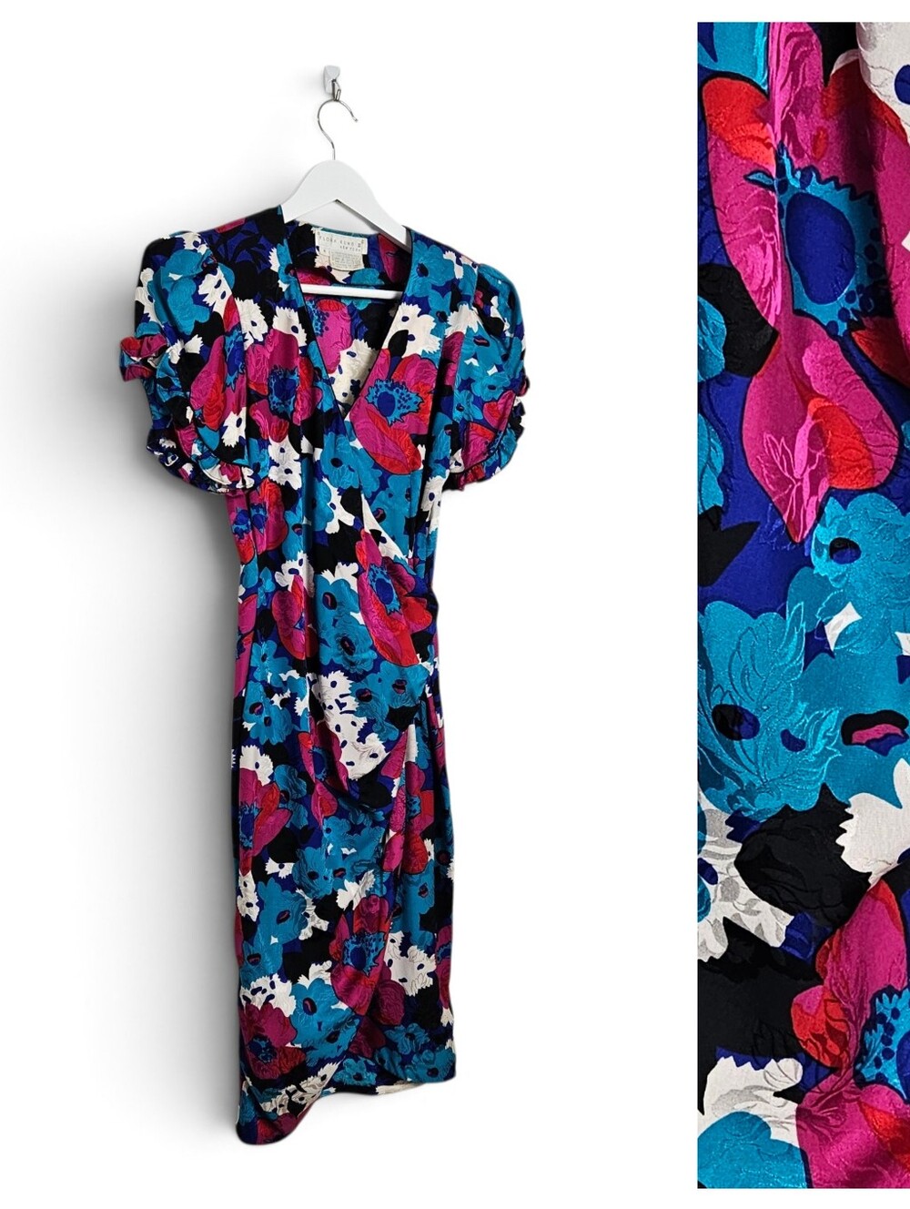 Vintage Flora Kung NY Dress 4 80s Silk Floral Wrap Ruched Puff Sleeve Multicolor